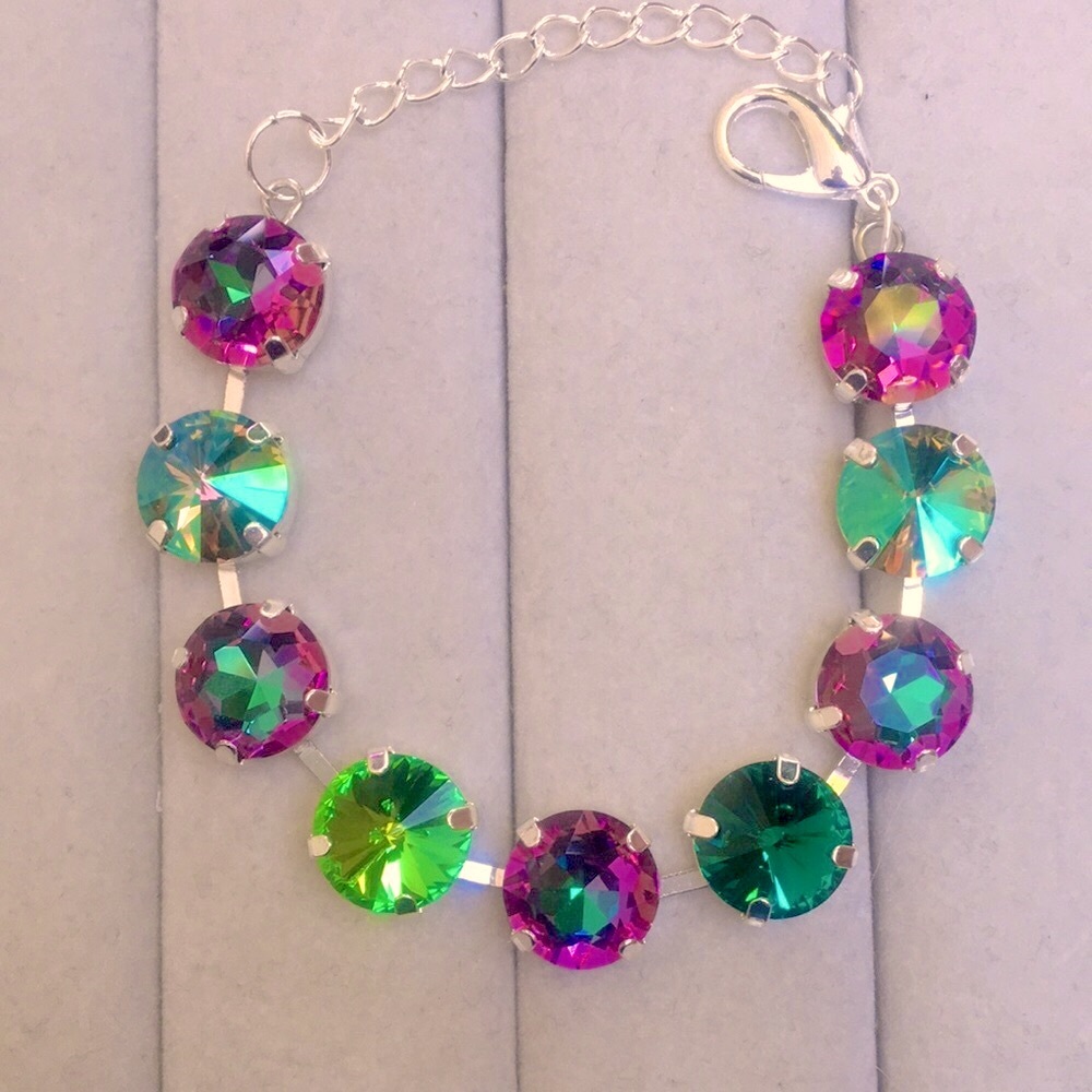 Iridescent Emerald + Fuchsia Heliotrope Silver Crystal Tennis Bracelet - Picture 8 of 8